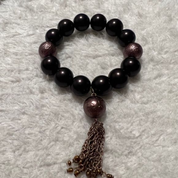 Plum Beads Elastic Bracelet Copper Tone Chain Tassel Accent - Picture 4 of 7